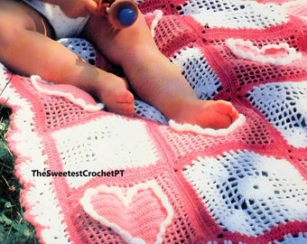 Baby blanket crochet pattern with hearts Baby afghan for newborns Baby showers Gifts for new parents Vintage 80s INSTANT DOWNLOAD PDF