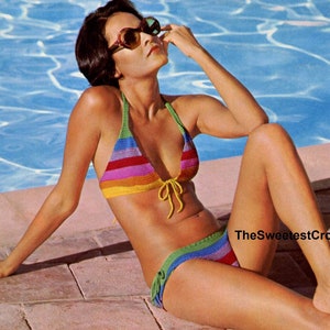 Striped crochet bikini pattern Crochet colorful bikini Beachwear clothing Crochet patterns 2 Sizes Lace 2 ply yarn 70&#39;s INSTANT DOWNLOAD PDF
