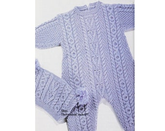 BABY ARAN ROMPER and Cap knitting pattern Baby cable All in one Sleepsuit Jumpsuit 4 Sizes: 6-24 months Dk 8 ply yarn Instant download Pdf