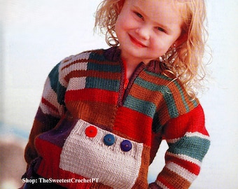 Child pocket sweater knitting pattern Stripes round neck sweater Children knitting patterns Boy and Girl 4 to 10 years INSTANT DOWNLOAD PDF