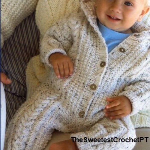 BABY ROMPER knitting pattern Baby All in one Hooded Sleepsuit Jumpsuit aran cable knitting pattern Baby knitting patterns Instant download