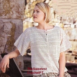 Short sleeve cardigan crochet pattern Womens crochet sweater top 4 sizes Bust 36-48ins. Thread size 10 Vintage 90s INSTANT DOWNLOAD PDF