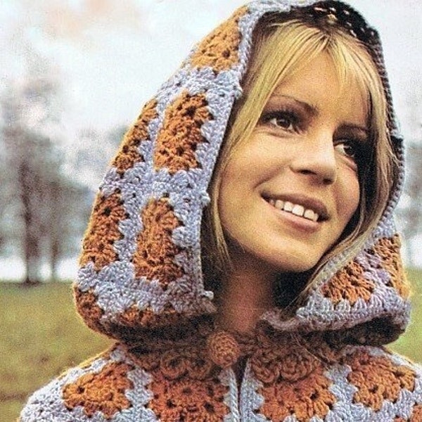 STEP by STEP MOTIF Granny square hooded cape pattern Women Children crochet grannies cloack cardigan Vintage 70's Instant download Pdf