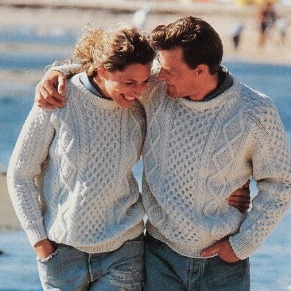 WOMEN MEN Aran sweater knitting pattern Ladies cable jumper pullover Instant download Pdf Vintage 90's 6 sizes 73-112 chest Aran 12 ply yarn