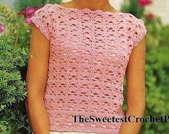 Pink lace top crochet pattern Women short sleeve top crochet pattern 4 sizes DK yarn Vinstage 70s INSTANT DOWNLOAD Pdf