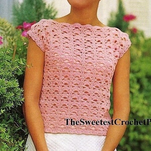 Pink lace top crochet pattern Women short sleeve top crochet pattern 4 sizes DK yarn Vinstage 70s INSTANT DOWNLOAD Pdf
