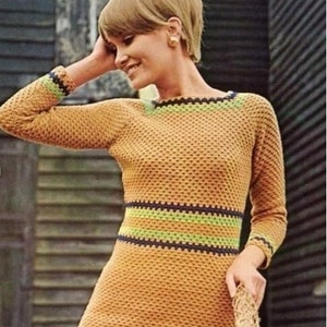 Womens crochet dress pattern Striped crochet summer dress pattern Vintage 70&#39;s Bust 32-41in Fingering 4 ply yarn INSTANT DOWNLOAD PDF
