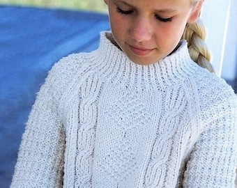 Children knitting sweater pattern Round and stand up neck aran cable sweaters Child knitting patterns Boy and Girl 6 Sizes Aran yarn