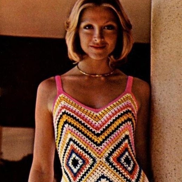 INSTANT DOWNLOAD Pdf Gehaakte jurk patroon Vrouw maxi gehaakte jurk Zig zag gehaakte jurk Vintage jaren '70 Buste 34-36in DK 8 laags garen