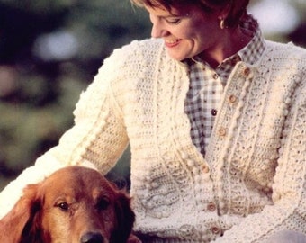 INSTANT DOWNLOAD PDF Woman crochet aran cardigan pattern Crochet cable sweater pattern Vintage 80's 4 sizes Aran 10 ply medium yarn