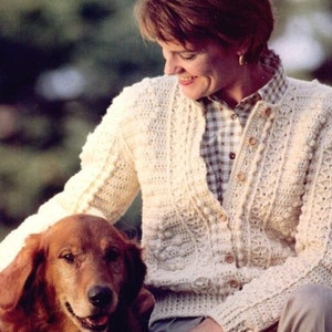 INSTANT DOWNLOAD PDF Woman crochet aran cardigan pattern Crochet cable sweater pattern Vintage 80&#39;s 4 sizes Aran 10 ply medium yarn