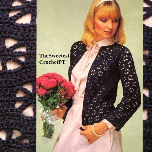 Womens cardigan crochet pattern Lacy cardigan Fingering 4 ply yarn 3 Sizes Bust 75-100cms INSTANT DOWNLOAD Pdf Vintage