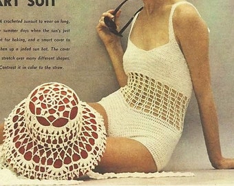 Crochet swimsuit pattern Monokini Crochet summer sunsuit and hat pattern Beachwear Vintage 60s INSTANT DOWNLOAD PDF