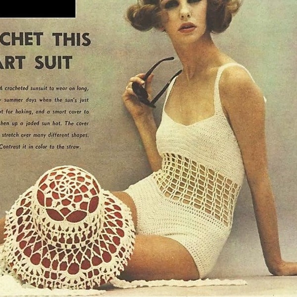 Crochet swimsuit pattern Monokini Crochet summer sunsuit and hat pattern Beachwear Vintage 60s INSTANT DOWNLOAD PDF