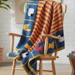 Farm animal baby blanket knitting pattern Striped center + Cute motifs DIY baby gift Easy to knit 32" x 36" INSTANT DOWNLOAD Pdf