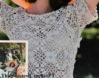Motivi floreali maglione modello uncinetto Top camicetta di pizzo irlandese da donna Modelli all'uncinetto 2 taglie Vintage anni '70 DOWNLOAD immediato Pdf
