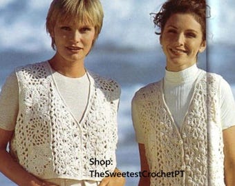 May include: Two off-white crochet vests featuring intricate floral patterns and button closures. One vest is cropped, while the other is a long-line version. Both are worn over white short-sleeved tops. The text Shop: TheSweetestCrochetPT is visible.