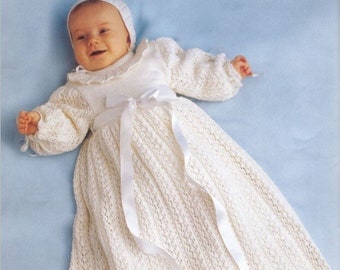 CHRISTENING SET Baby christening gown dress and cap knitting pattern Boy and girl  lacy heirloom baptism dress 3-6 months