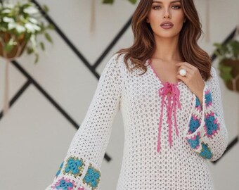 Womens granny square crochet dress pattern Long dress crochet pattern Bust 30.5-34 ins Worsted 10 ply yarn Vintage 70s INSTANT DOWNLOAD PDF