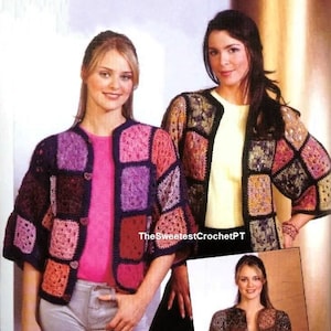 May include: Two women wearing colorful crocheted cardigans with a patchwork design. The cardigans are made with different shades of pink, purple, brown, and beige yarn. The cardigans have a button closure and are cropped at the waist.