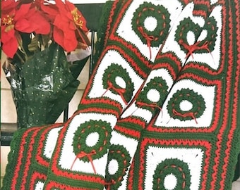 Christmas blanket crochet pattern Holidays wreath Afghan Throw Xmas Home decor DIY Worsted yarn Vintage 90s INSTANT DOWNLOAD pdf