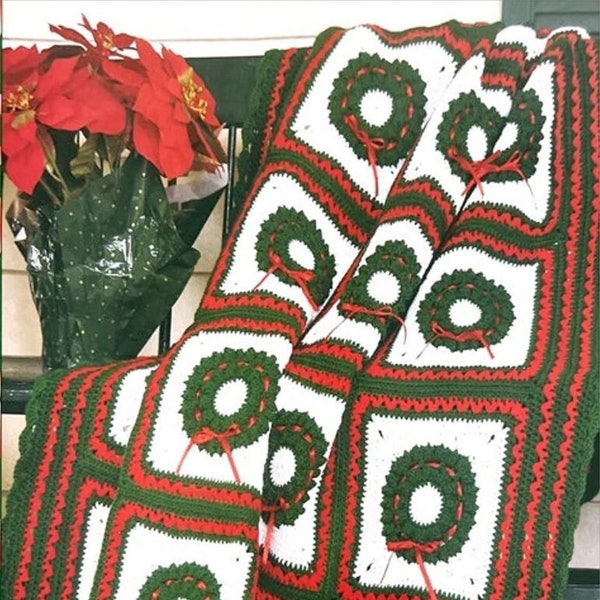 Christmas blanket crochet pattern Holidays wreath Afghan Throw Xmas Home decor DIY Worsted yarn Vintage 90s INSTANT DOWNLOAD pdf