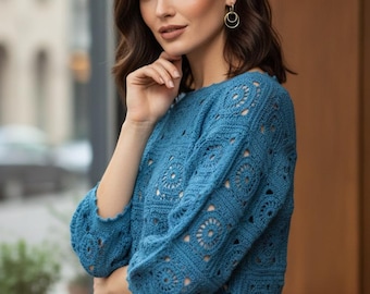 Ladies granny squares crochet sweater pattern Woman lacy motifs top Crochet patterns Bust 81-97cm Fingering 4 ply yarn INSTANT DOWNLOAD Pdf
