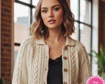 Women round neck aran cardigan knitting pattern Cable knit jacket 6 sizes 32-42" Bust Aran 10 ply yarn Vintage pattern PDF Digital Download