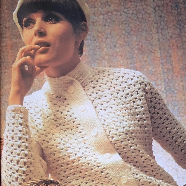 INSTANT DOWNLOAD PDF Woman crochet jacket pattern Crochet nehru collar cardigan pattern Sweater Vintage 6 sizes Fingering yarn