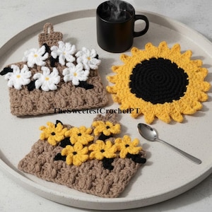 Flower pot holders crochet patterns Sunflower hot pad DIY Table decor Sport weight yarn INSTANT DOWNLOAD Pdf