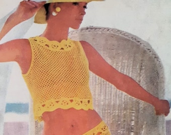Crochet top pants pattern Womens mesh top and pants set Fishnet bikini cover up Sizes 8-14 Vintage 70's INSTANT DOWNLOAD PDF