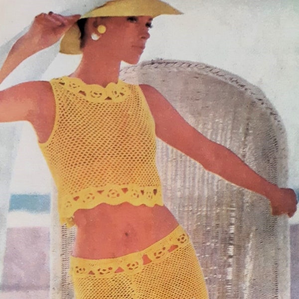 Crochet top pants pattern Womens mesh top and pants set Fishnet bikini cover up Sizes 8-14 Vintage 70's INSTANT DOWNLOAD PDF