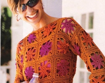 INSTANT DOWNLOAD PDF Floral granny square crochet tunic Crochet top pattern Granny squares sweater pattern  Women plus size top pattern