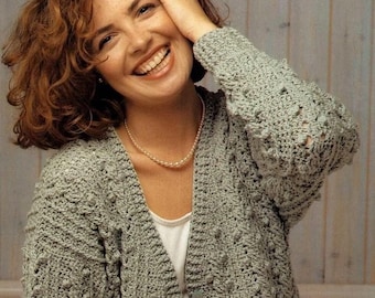 Womens aran cardigan crochet pattern Crochet cable sweater Vintage 80's 4 sizes DK 8 ply yarn INSTANT DOWNLOAD Pdf