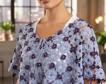 Women flower motifs granny square poncho crochet pattern Festival top One size fits most Thread size 10 Vintage INSTANT DOWNLOAD PDF