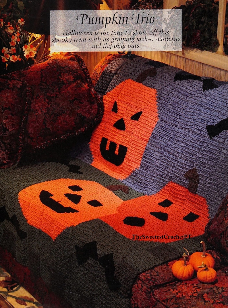 Eye-cathing Halloween blanket crochet pattern.
It will measure approximately 44" x 58".
Worked in worsted yarn.
