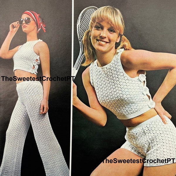 Womens crochet set Crop top Pants and Shorts crochet pattern Crochet trousers Vintage 60's 3 sizes Bust 34-38 in INSTANT DOWNLOAD PDF