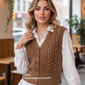 Woman aran vest knitting pattern Ladies cable sweater waistcoat Vintage 70's 4 sizes 86-102cm bust Aran 10ply yarn INSTANT DOWNLOAD PDF