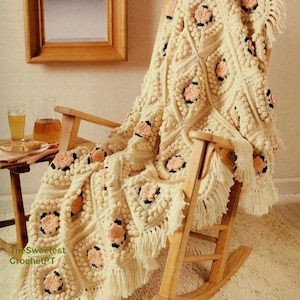 Rose granny square blanket crochet pattern Roses motif afghan Popcorn stitch Home decor Worsted yarn Vintage INSTANT DOWNLOAD PDF