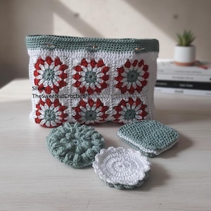 Granny square crochet bag and 3 make up pads pattern Purse Eco Friendly reusable Scrubbie and Make-Up Pads INSTANT DOWNLOAD PDF
