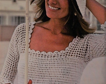 Woman mesh top crochet pattern and Brim Hat Open stitch sweater Sizes: Small and Medium Vintage 70s INSTANT DOWNLOAD PDF