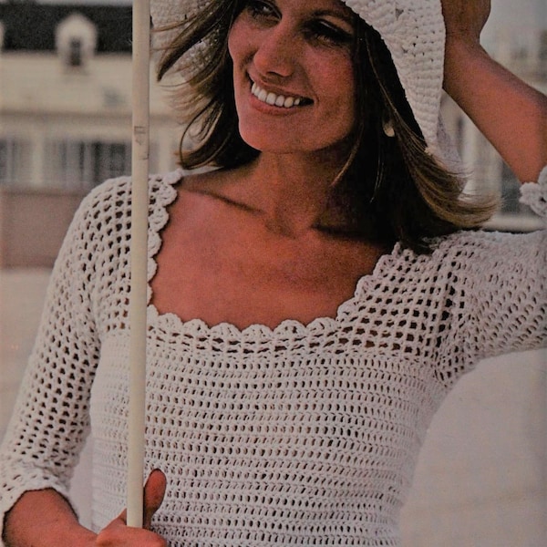 Woman mesh top crochet pattern and Brim Hat Open stitch sweater Sizes: Small and Medium Vintage 70s INSTANT DOWNLOAD PDF