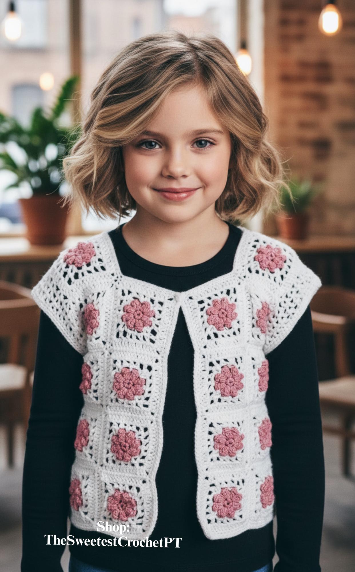 30 Granny Square Vest Crochet Patterns for Retro Layers, Boho Vests, and Handmade Gifts 22 Rosebud Child’s Granny Square Vest