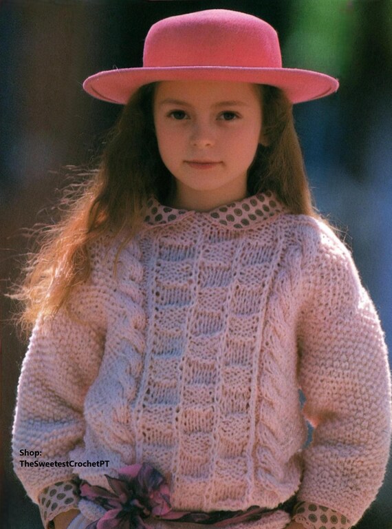 Girls' Chunky Sweater Knitting Pattern Easy Cable and Moss Stitch