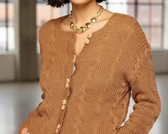 Womens cable cardigan knitting pattern Ladies round neck aran sweater pattern 3 Sizes Chest 29.5-40in DK 8 ply yarn Instant download Pdf