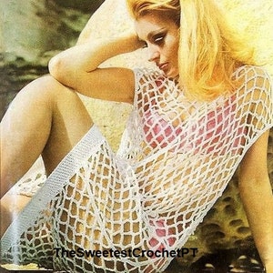 Crochet dress pattern Mesh cover-up pattern Lacy crochet short dress 3 Sizes 32-40in DK 8 ply yarn INSTANT DOWNLOAD Pdf Vintage 60s