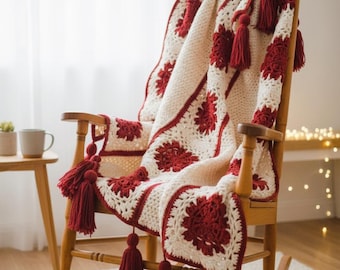 Christmas blanket with cabbage rose crochet pattern Christmas Afghan Throw Xmas gift Home decor DIY Worsted yarn Vintage 90s DIGITAL Pdf