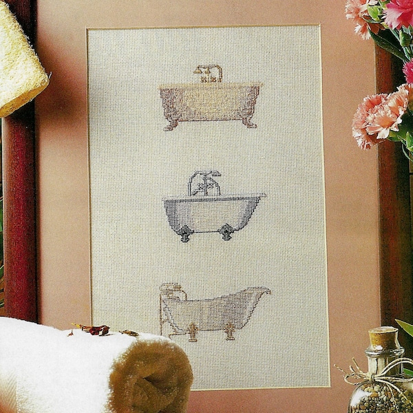 INSTANT DOWNLOAD Pdf Bathtub in cross stitch pattern for the WC bathroom Embroidery needlework xstitch Vintage pattern