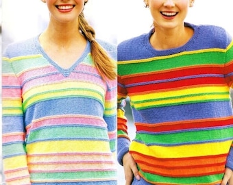 Easy stripe sweater knitting pattern for women Crew or V-neck option Fun colorful design Sizes 6-24 Dk yarn  PDF INSTANT DOWNLOAD Vintage