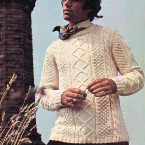 Men&#39;s aran sweater knitting pattern Cabe knit pullover Fisherman sweater Vintage DIY Gift Sizes 40-46 Worsted 10 ply INSTANT DOWNLOAD Pdf